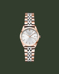 Two-tone watch with rose gold and silver bracelet on a white background