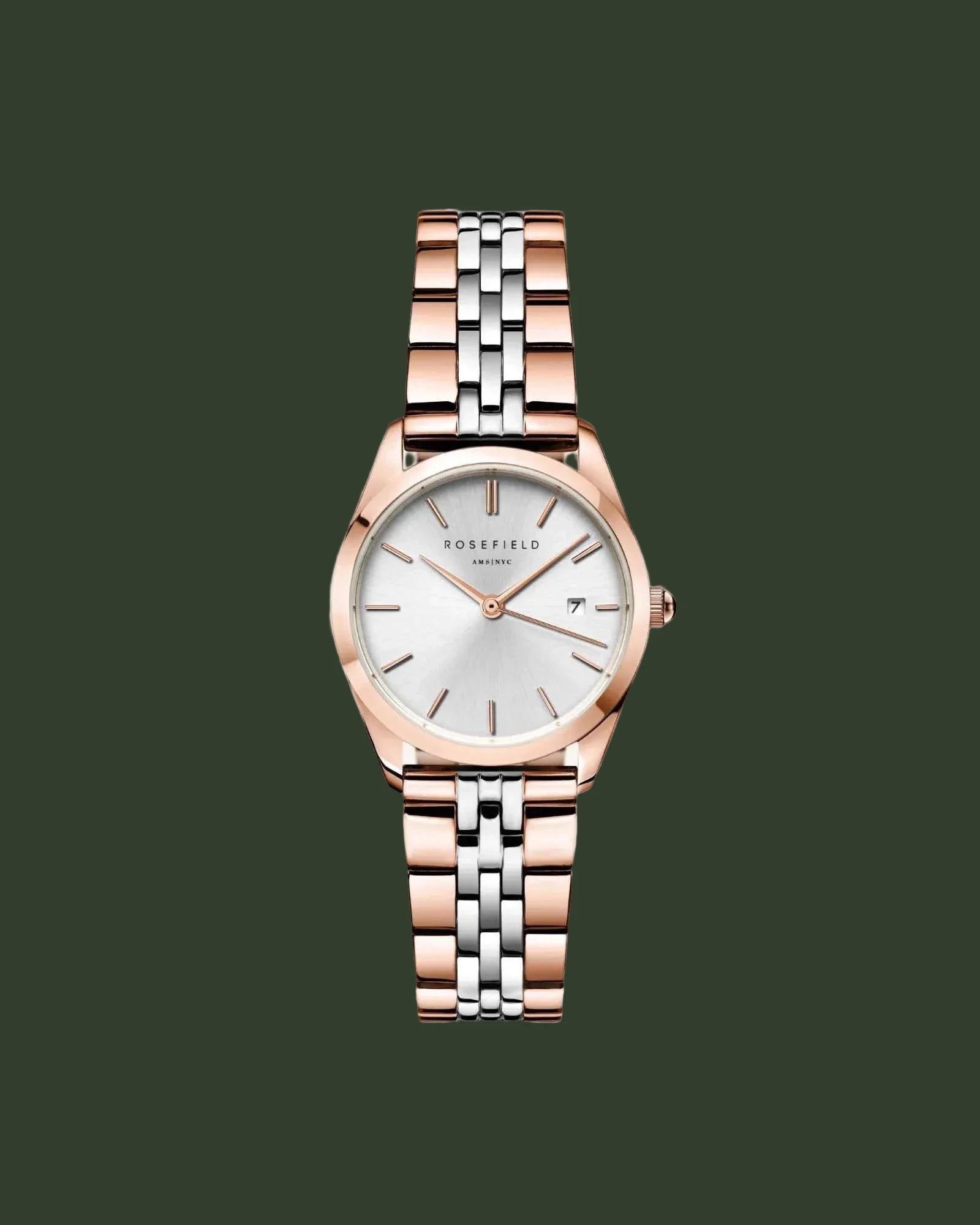 Two-tone watch with rose gold and silver bracelet on a white background