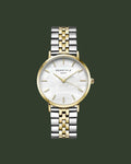 Two-tone watch with silver and gold band on a white background