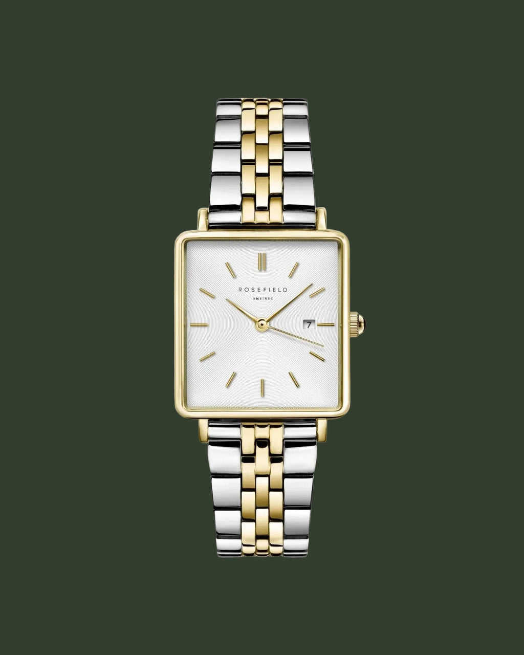 Two-tone watch with silver and gold band on a white background