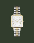 Two-tone watch with silver and gold band on a white background