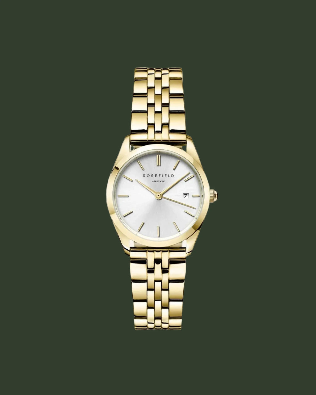 A gold-tone wristwatch with a white dial and a matching gold-tone link bracelet, shown against a solid off-white background. The brand name 'Bosefield' is visible on the dial.