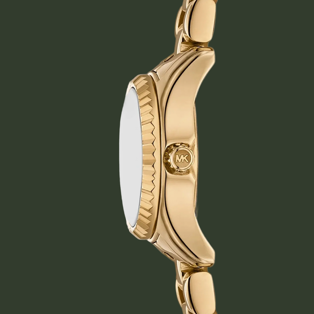 Gold watch with a visible brand logo on a white background