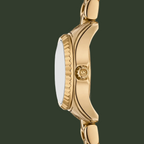 Gold watch with a visible brand logo on a white background