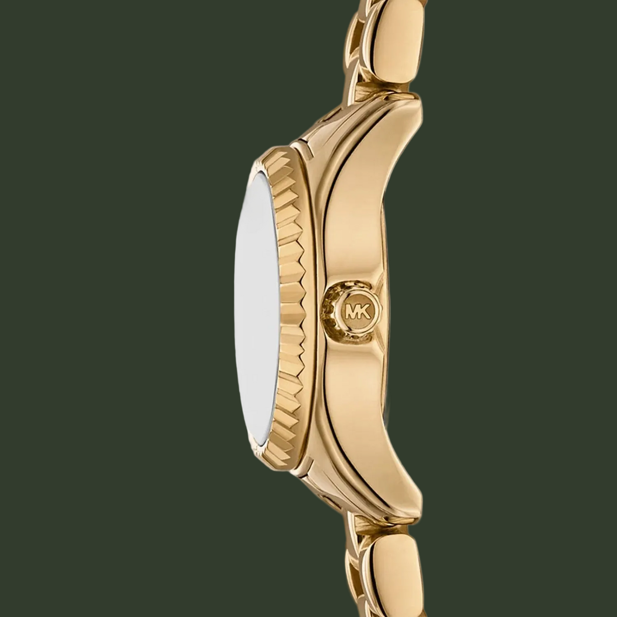 Gold watch with a visible brand logo on a white background