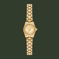 A gold-tone Michael Kors analog watch with a matching metal link bracelet, featuring a gold dial with crystal hour markers and a crystal-encrusted bezel, shown against a plain white background.