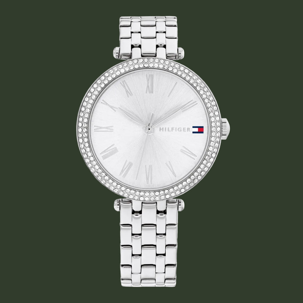 Silver watch with gemstone accents on a white background