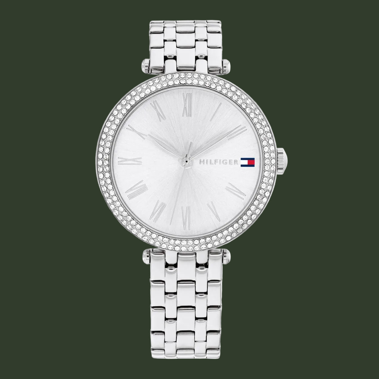 Silver watch with gemstone accents on a white background