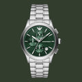 Silver Emporio Armani watch with a green dial on a white background