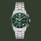 Silver Emporio Armani watch with a green dial on a white background