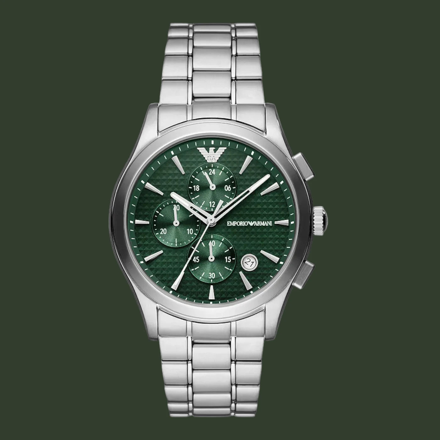 Silver Emporio Armani watch with a green dial on a white background