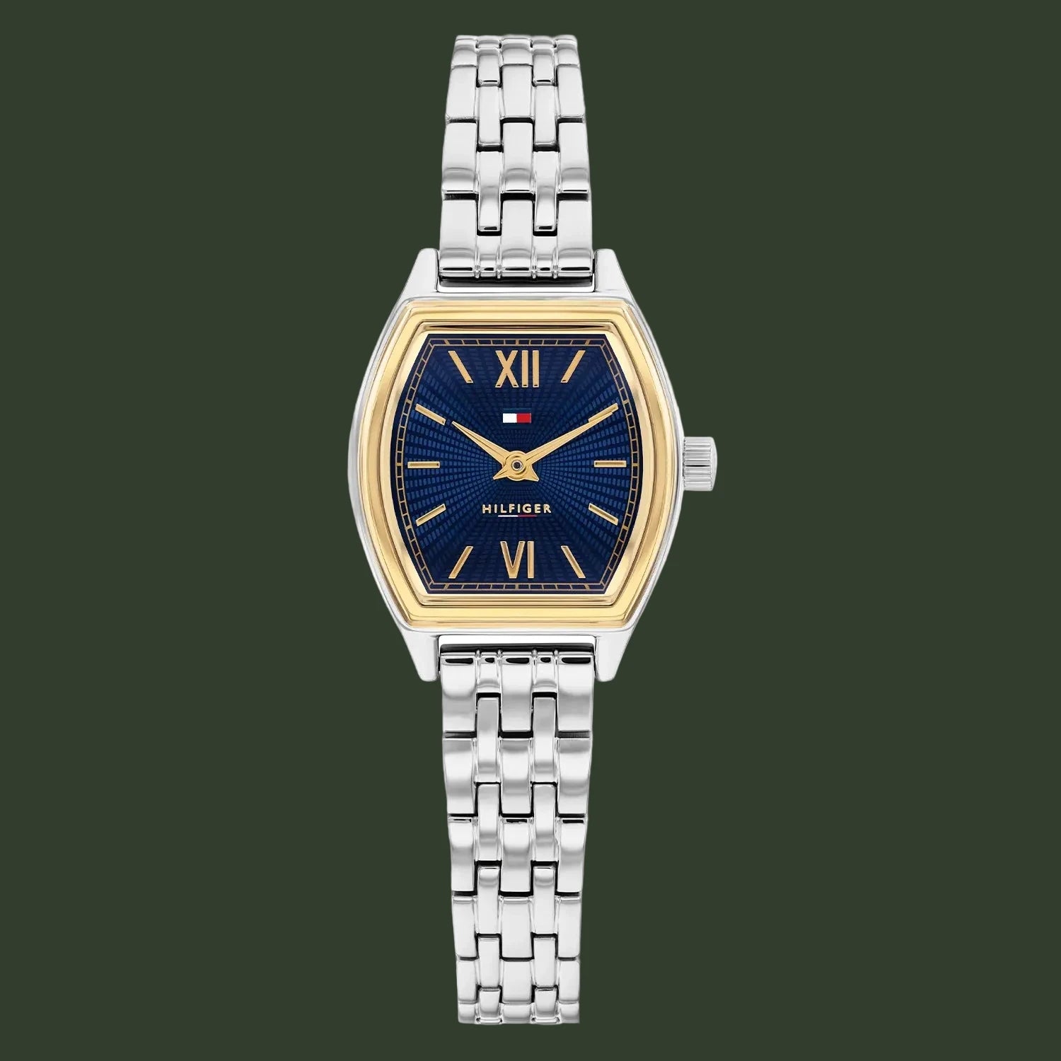 Tommy Hilfiger watch with a blue face and silver and gold accents on a white background