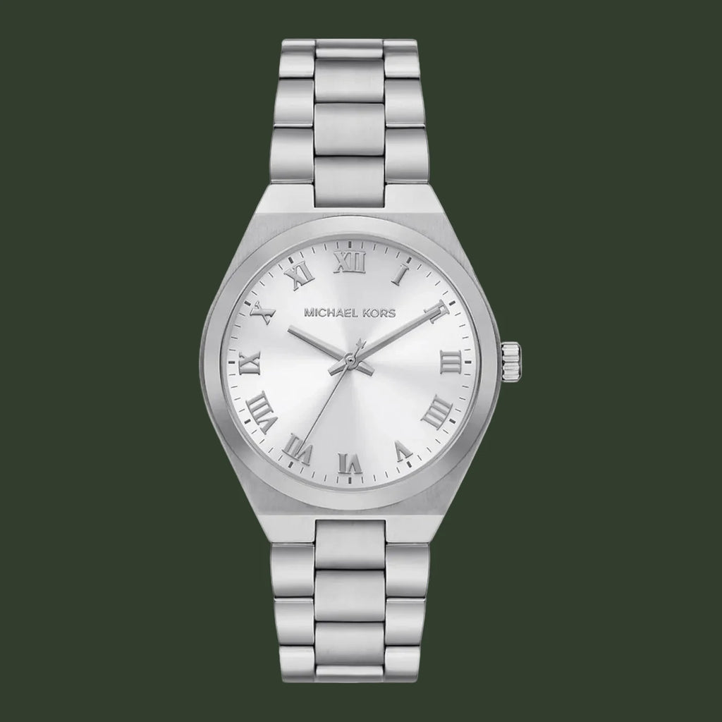 Silver watch with Roman numeral markers on a white background