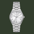 Silver watch with Roman numeral markers on a white background