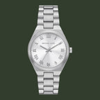 Silver watch with Roman numeral markers on a white background