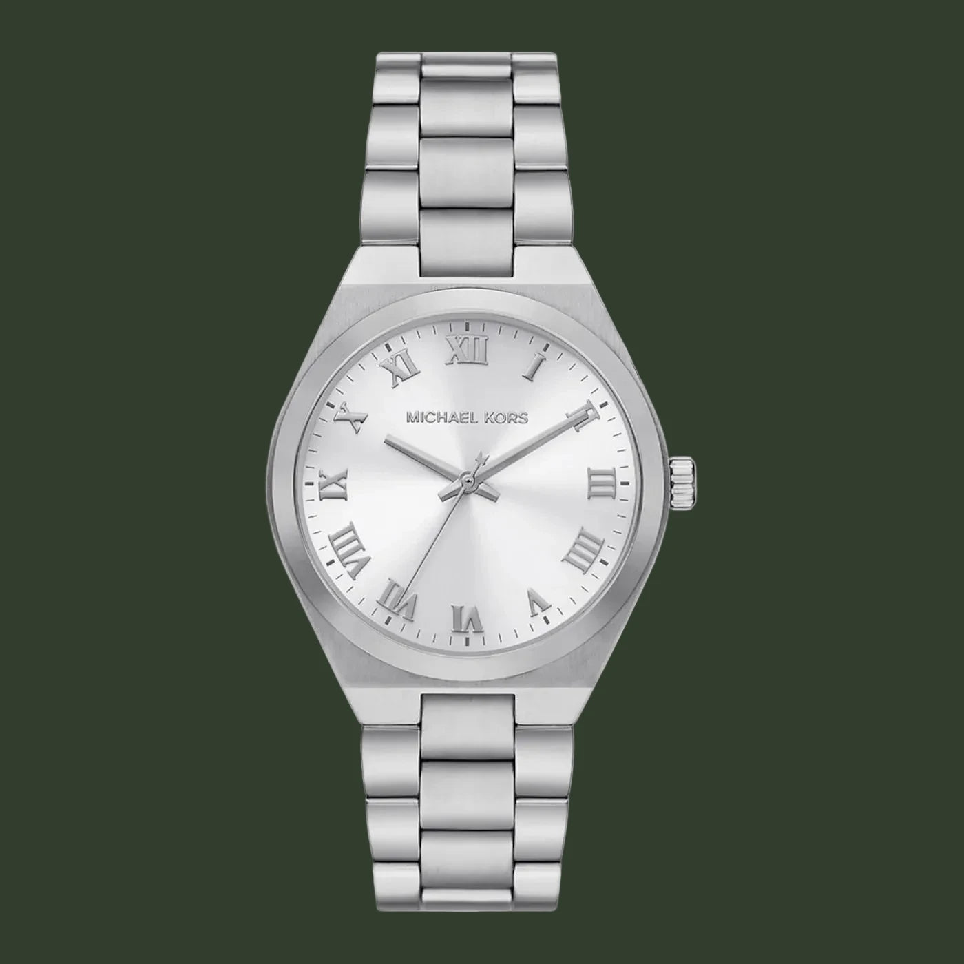 Silver watch with Roman numeral markers on a white background
