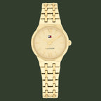 Gold watch with Tommy Hilfiger logo on a white background