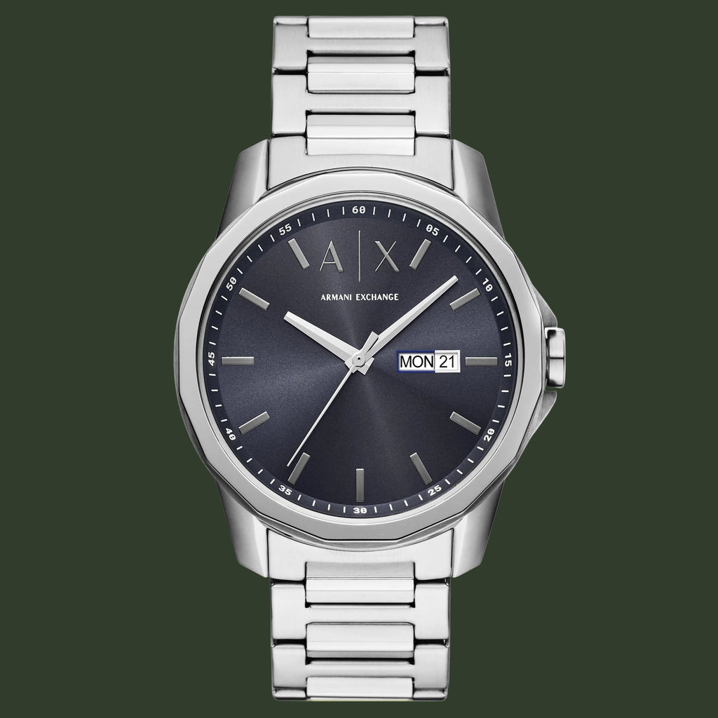 Silver Armani Exchange watch with a dark face on a white background