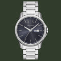 Silver Armani Exchange watch with a dark face on a white background