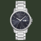 Silver Armani Exchange watch with a dark face on a white background