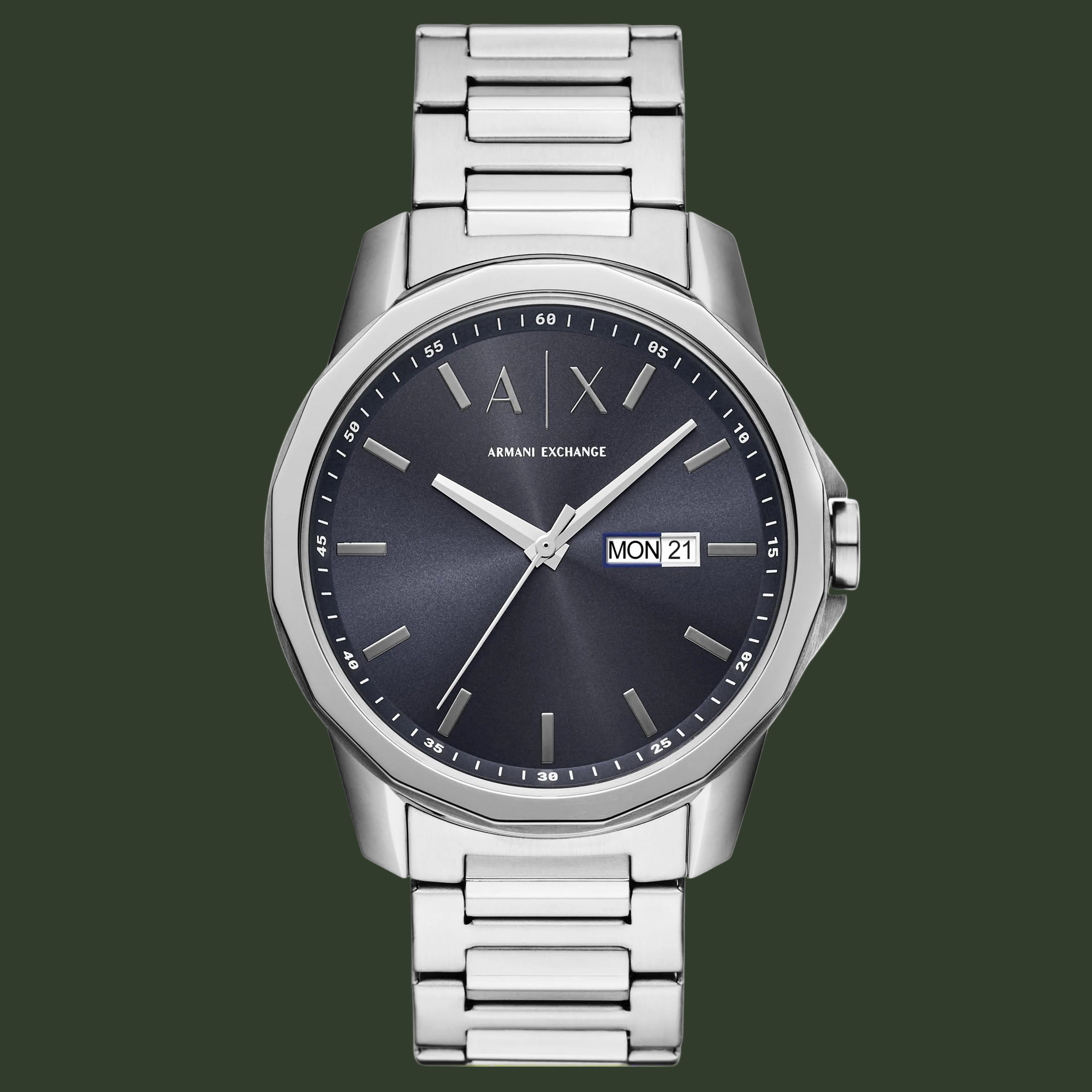 Silver Armani Exchange watch with a dark face on a white background