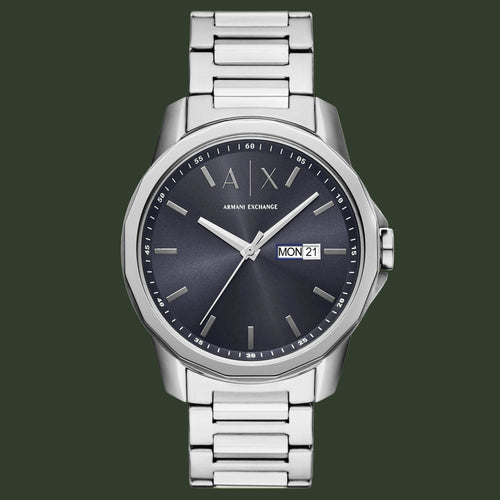 Silver Armani Exchange watch with a dark face on a white background