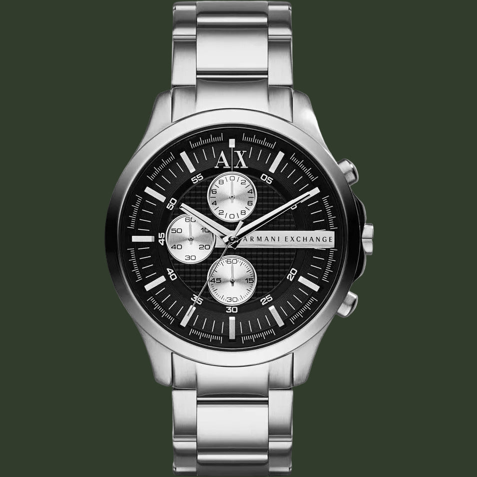 Armani Exchange watch with silver bracelet and black dial on a white background