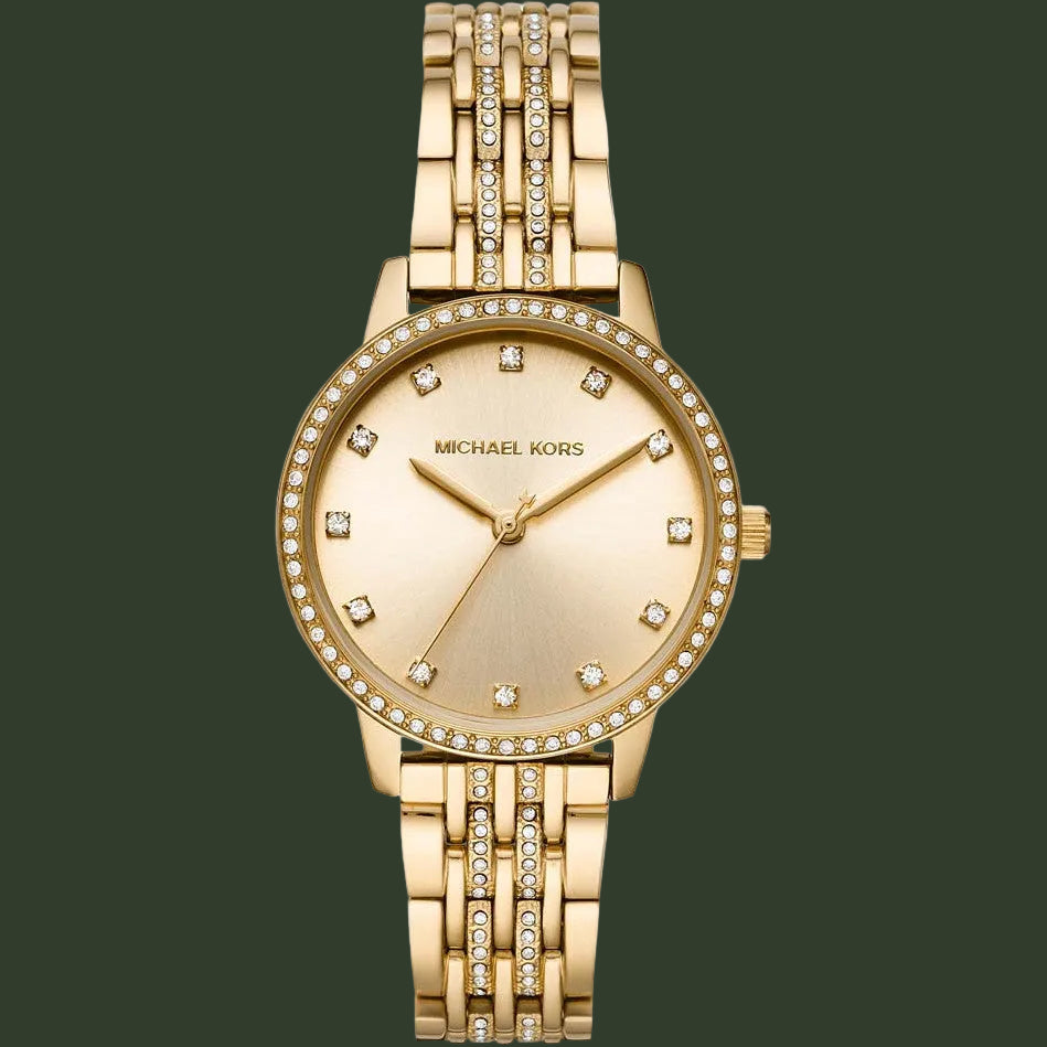 Gold watch with diamond accents on a white background