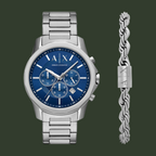 Silver watch and bracelet with blue face on a white background