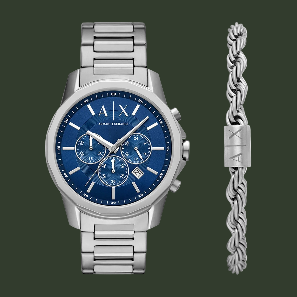 Silver watch and bracelet with blue face on a white background