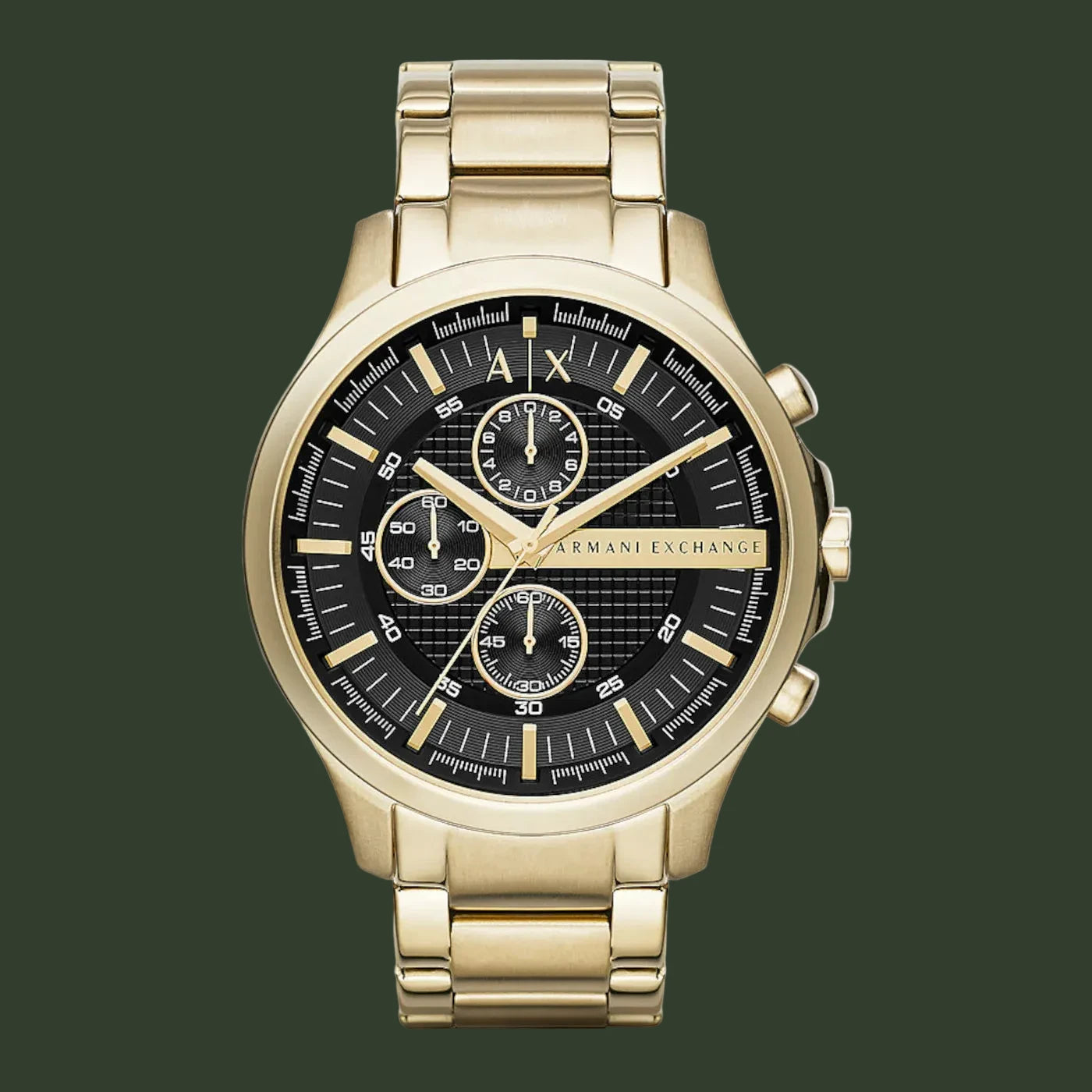 Gold Armani Exchange watch with black dial on a white background