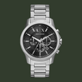 Silver Armani Exchange watch with black dial on a white background