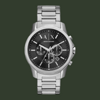 Silver Armani Exchange watch with black dial on a white background