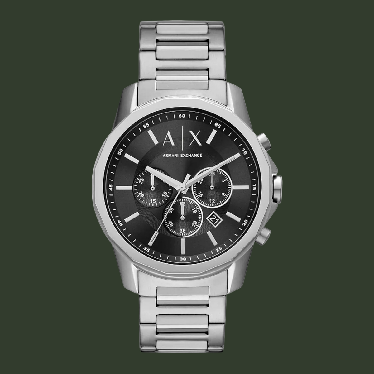 Silver Armani Exchange watch with black dial on a white background