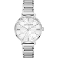 Silver watch with a brand logo on the dial against a white background
