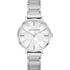 Silver watch with a brand logo on the dial against a white background