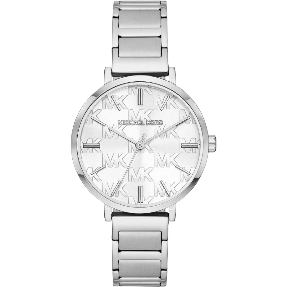 Silver watch with a brand logo on the dial against a white background