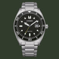 Citizen Eco-Drive stainless steel watch with a black dial, black rotating bezel, silver-tone case, and integrated link bracelet on a white background.