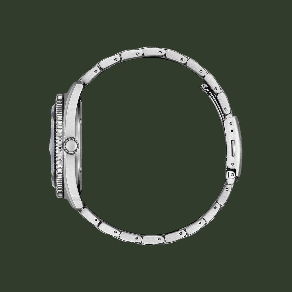 Silver watch case on a white background