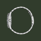 Silver watch case on a white background