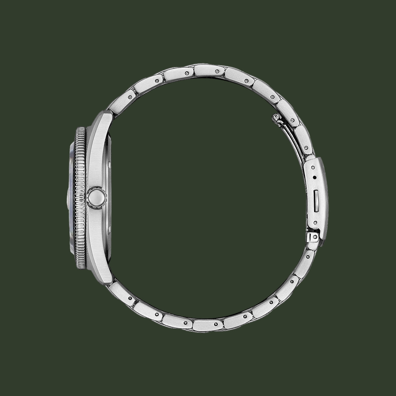 Silver watch case on a white background