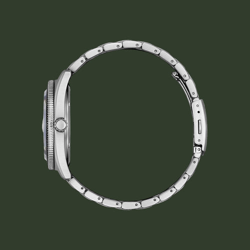 Silver watch case on a white background