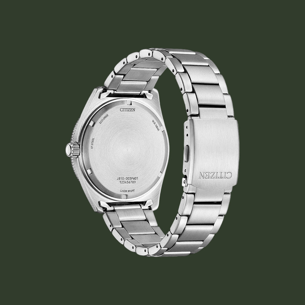 A stainless steel Citizen watch shown from the back, featuring a brushed metal case and a matching metal link bracelet on a plain white background.