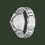 A stainless steel Citizen watch shown from the back, featuring a brushed metal case and a matching metal link bracelet on a plain white background.