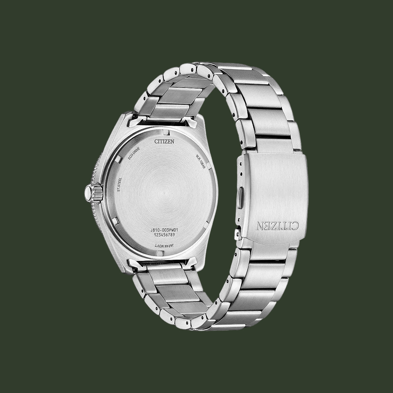 A stainless steel Citizen watch shown from the back, featuring a brushed metal case and a matching metal link bracelet on a plain white background.