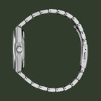 A silver stainless steel link watch band shown from the side profile, attached to a matching silver watch case, on a solid white background.