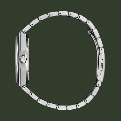 A silver stainless steel link watch band shown from the side profile, attached to a matching silver watch case, on a solid white background.