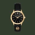 Black watch with gold accents and a visible brand logo on a white background