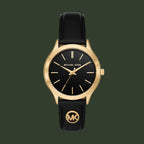 Black watch with gold accents and a visible brand logo on a white background
