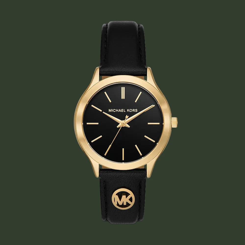 Black watch with gold accents and a visible brand logo on a white background